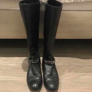 Black Leather COACH Riding Boots Silver Chain 7.5
